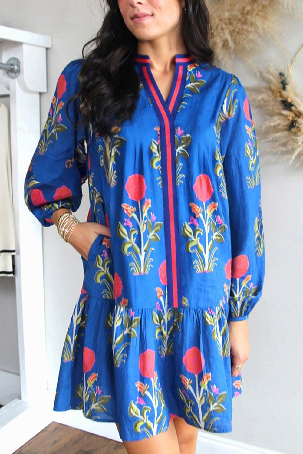 Sky Blue Floral Print Contrast Striped Trim Notched Neck Long Sleeve Dress-Dresses/Floral Dresses-[Adult]-[Female]-Sky Blue-S-2022 Online Blue Zone Planet