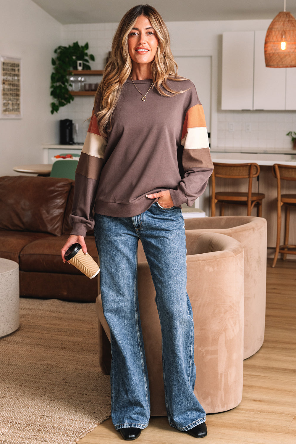 Dark Khaki Color Block Drop Shoulder Pullover Casual Sweatshirt-Tops/Sweatshirts & Hoodies-[Adult]-[Female]-2022 Online Blue Zone Planet