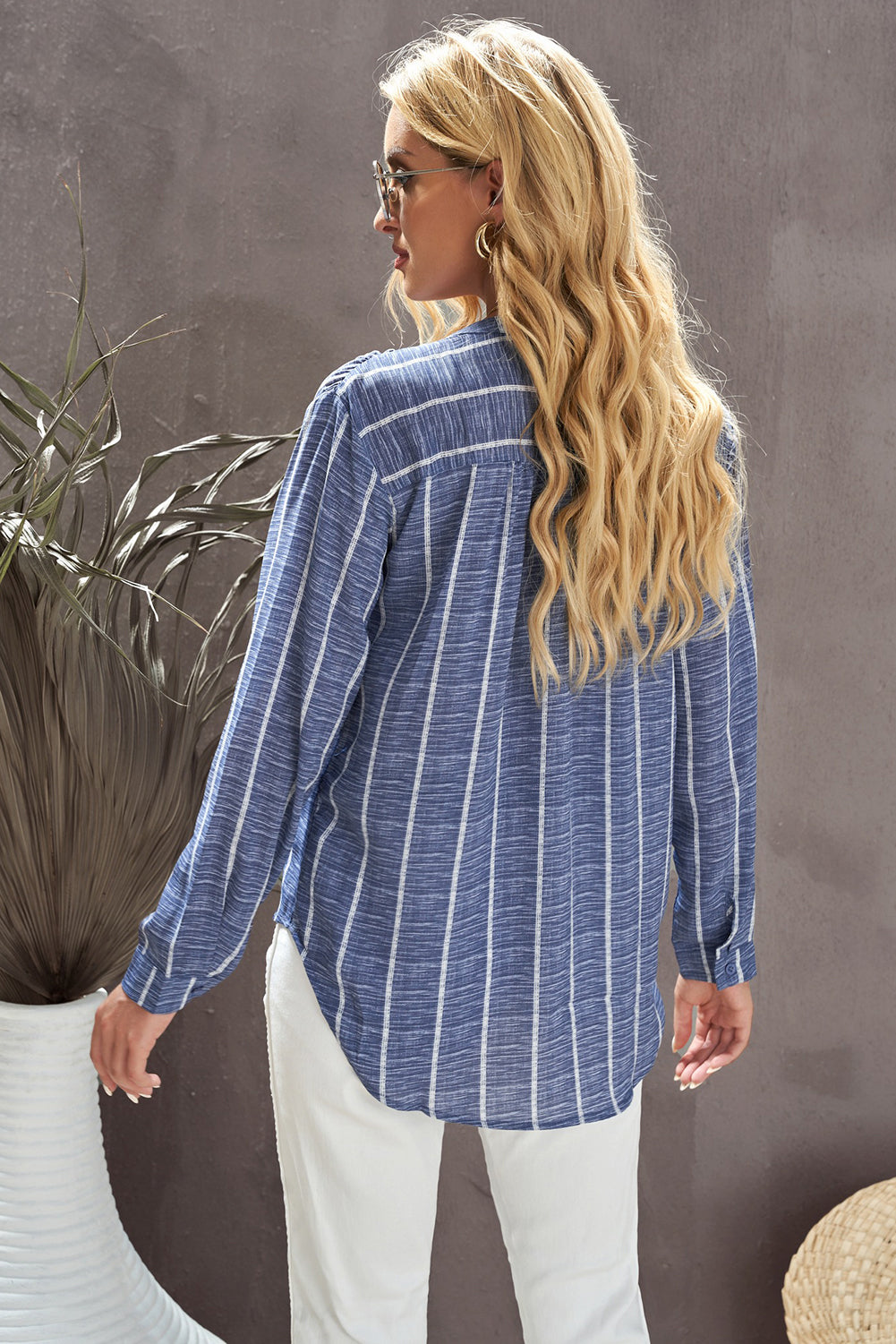 Blue Striped Print V Neck Half Buttons Loose Blouse-Tops/Blouses & Shirts-[Adult]-[Female]-2022 Online Blue Zone Planet
