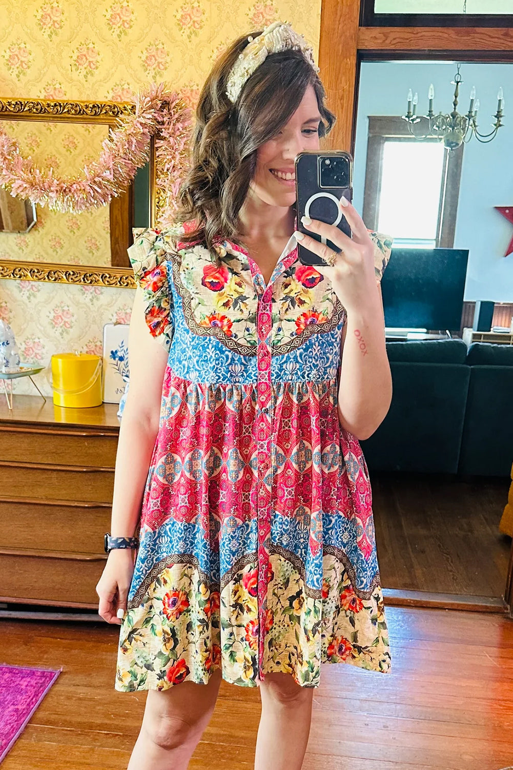 Rose Floral Mixed Pattern Ruffle Flutter Sleeve Buttoned Dress-TOPS / DRESSES-[Adult]-[Female]-2022 Online Blue Zone Planet