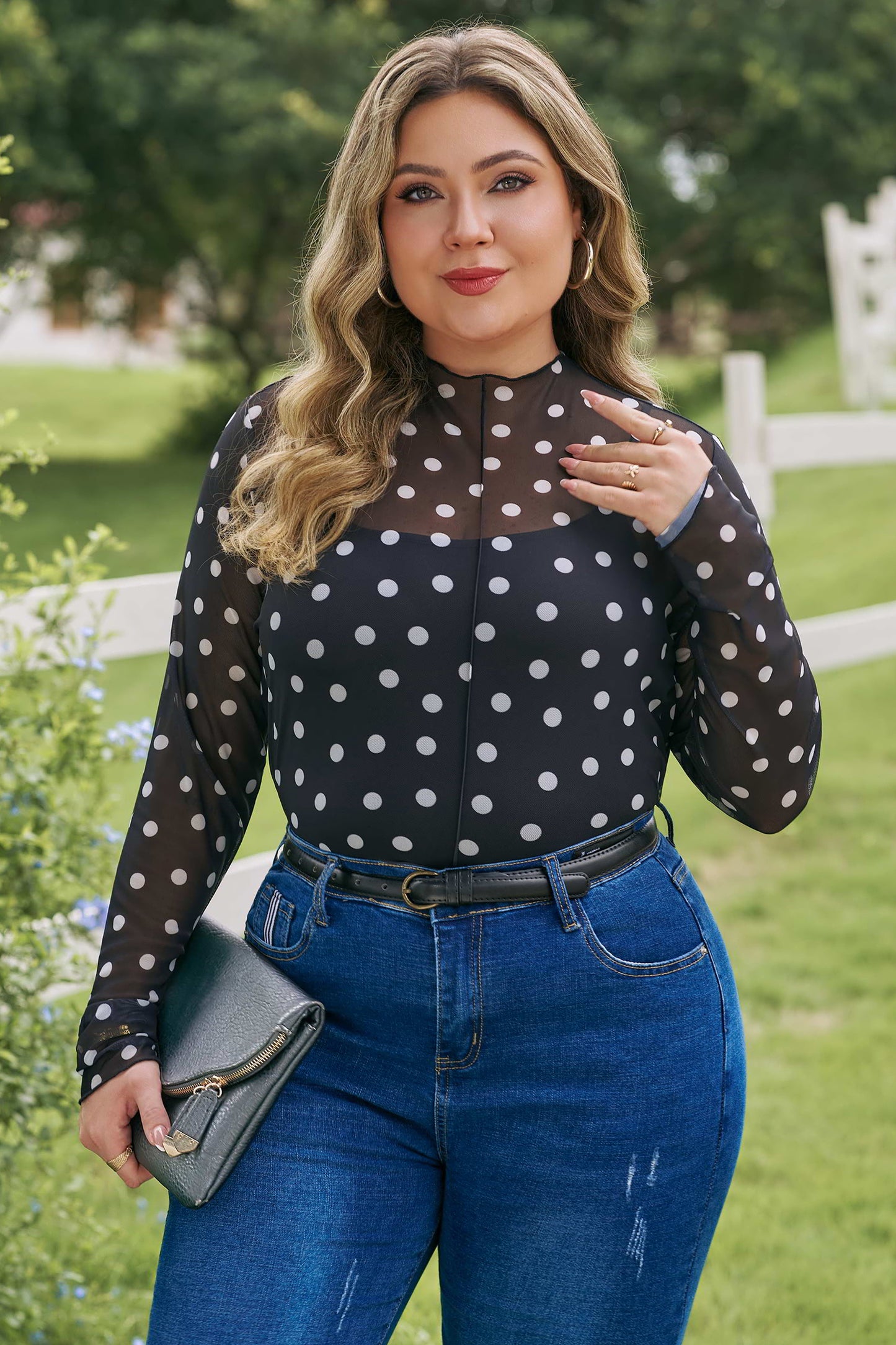 Black Plus Size Mock Neck Polka Dot Long Sleeve Mesh Top-Plus Size/Plus Size Tops/Plus Size Long Sleeve Tops-[Adult]-[Female]-2022 Online Blue Zone Planet