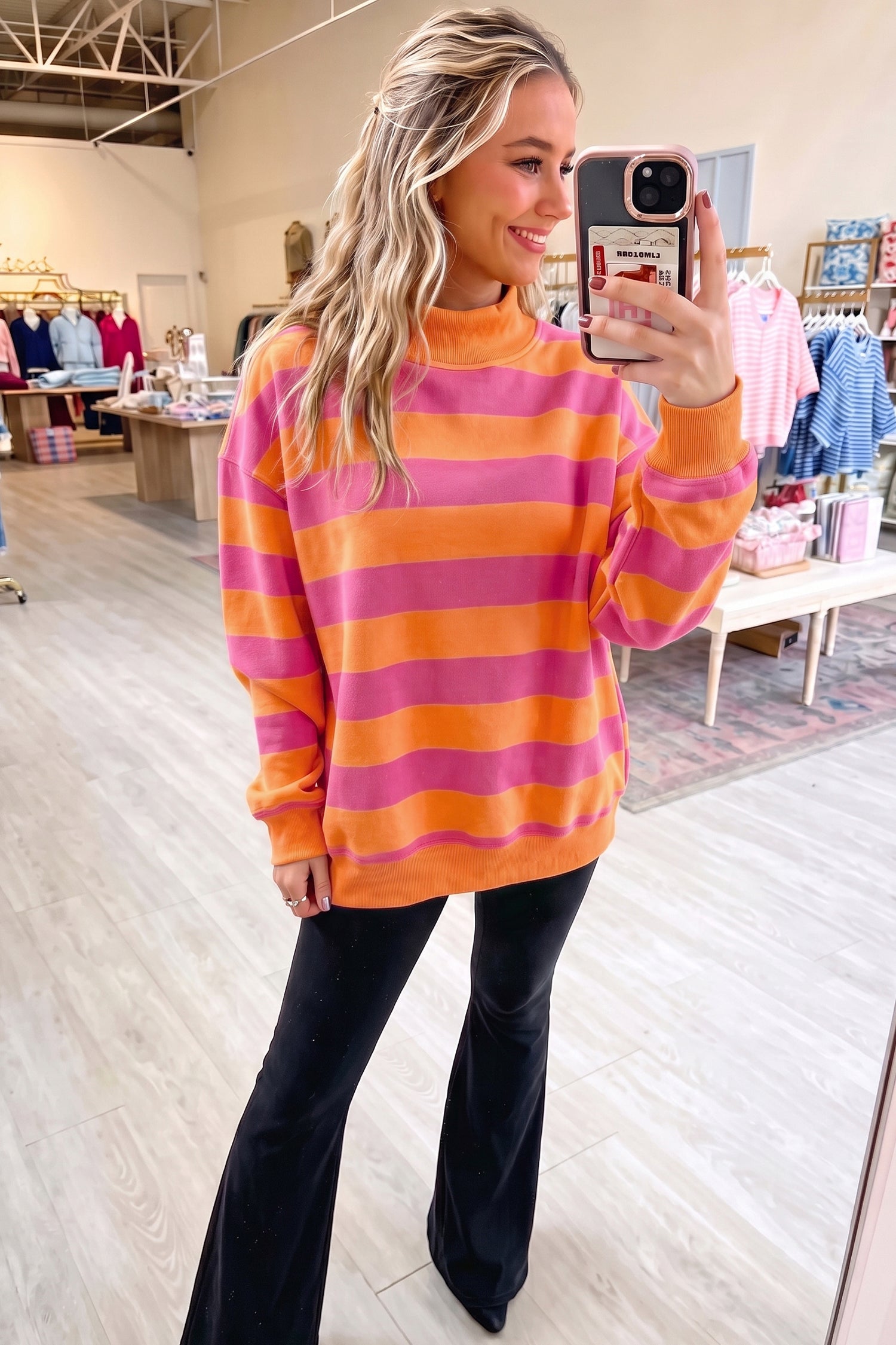 Rose Stripe Colorblock Mock Neck Relaxed Sweatshirt-Tops/Sweatshirts & Hoodies-[Adult]-[Female]-2022 Online Blue Zone Planet