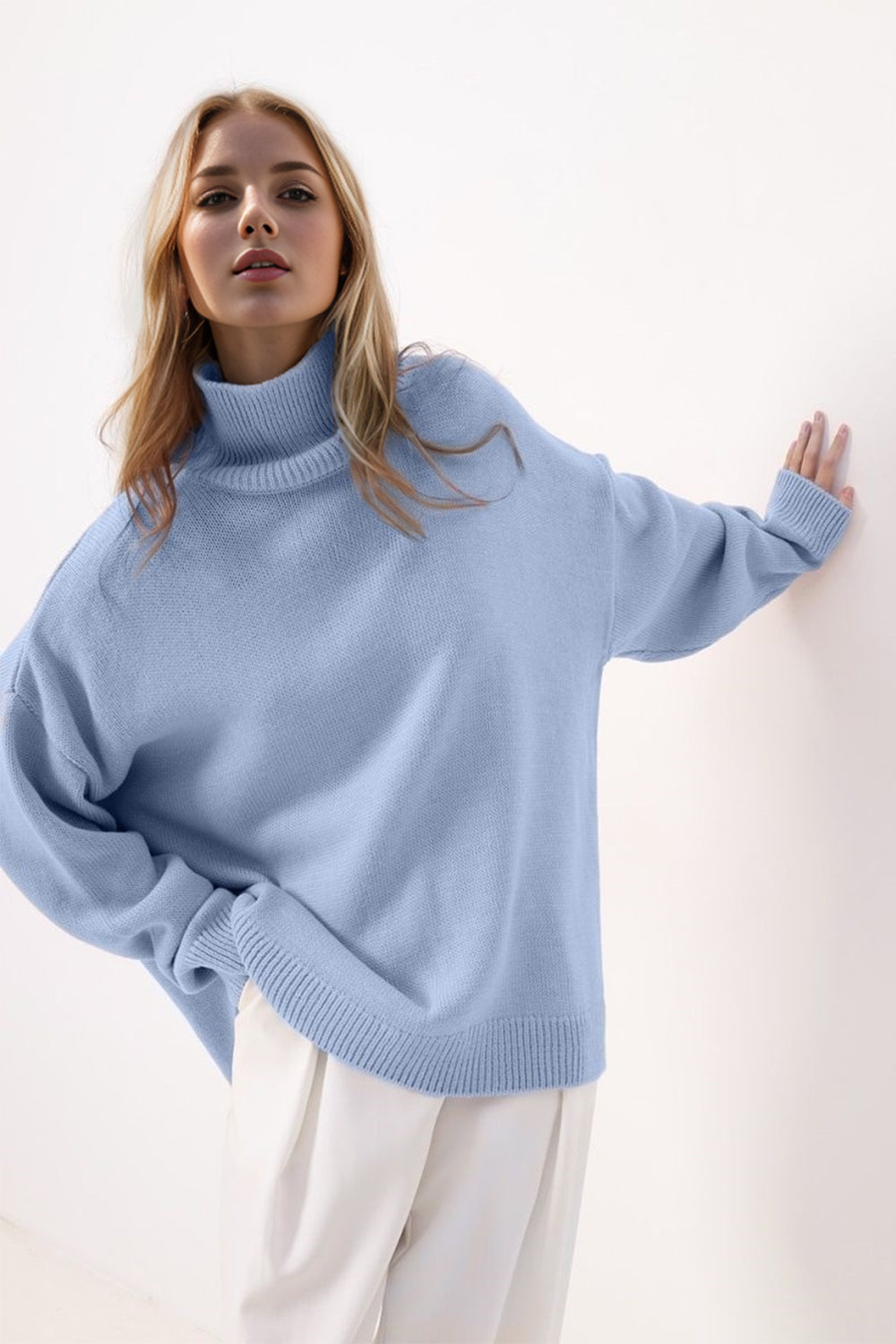 Basic Bae Side Slit Turtleneck Long Sleeve Sweater-TOPS / DRESSES-[Adult]-[Female]-Light Blue-One Size-2022 Online Blue Zone Planet