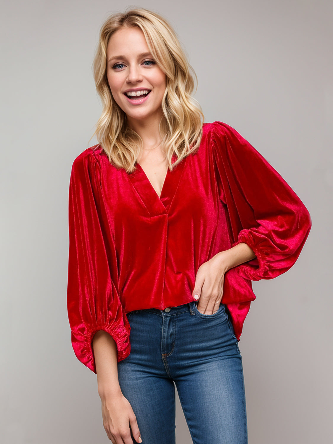 V-Neck Three-Quarter Sleeve Blouse-TOPS / DRESSES-[Adult]-[Female]-Scarlet-S-2022 Online Blue Zone Planet