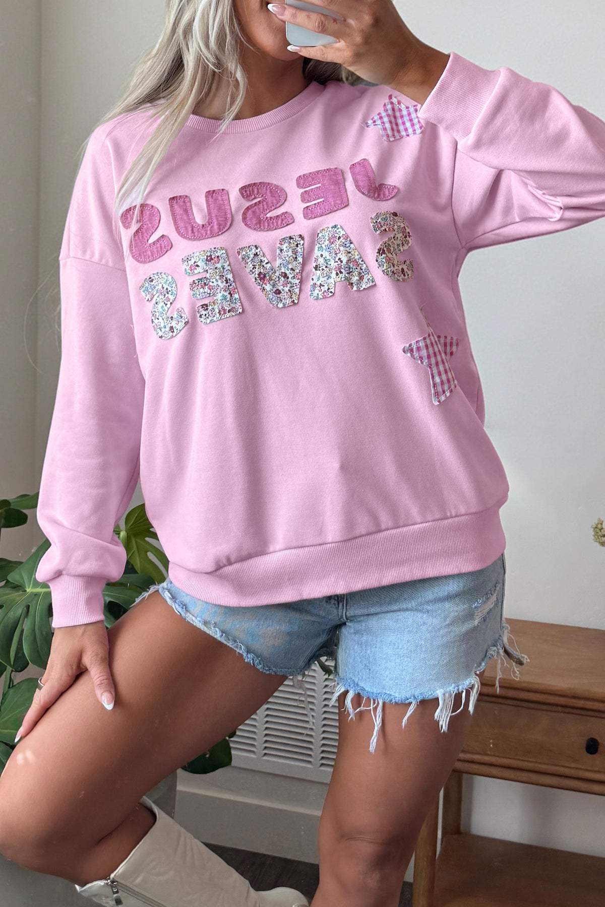 Pink Patchwork Stars Plaid Unique Floral Letters Baggy Sweatshirt-Tops/Sweatshirts & Hoodies-[Adult]-[Female]-2022 Online Blue Zone Planet
