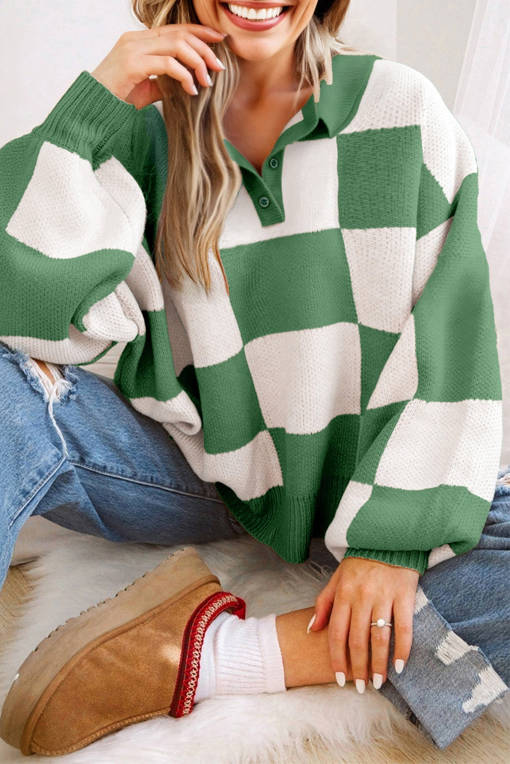 Grapefruit Orange Checkered Pattern Polo Collar Loose Sweater-TOPS / DRESSES-[Adult]-[Female]-Mist Green-S-2022 Online Blue Zone Planet
