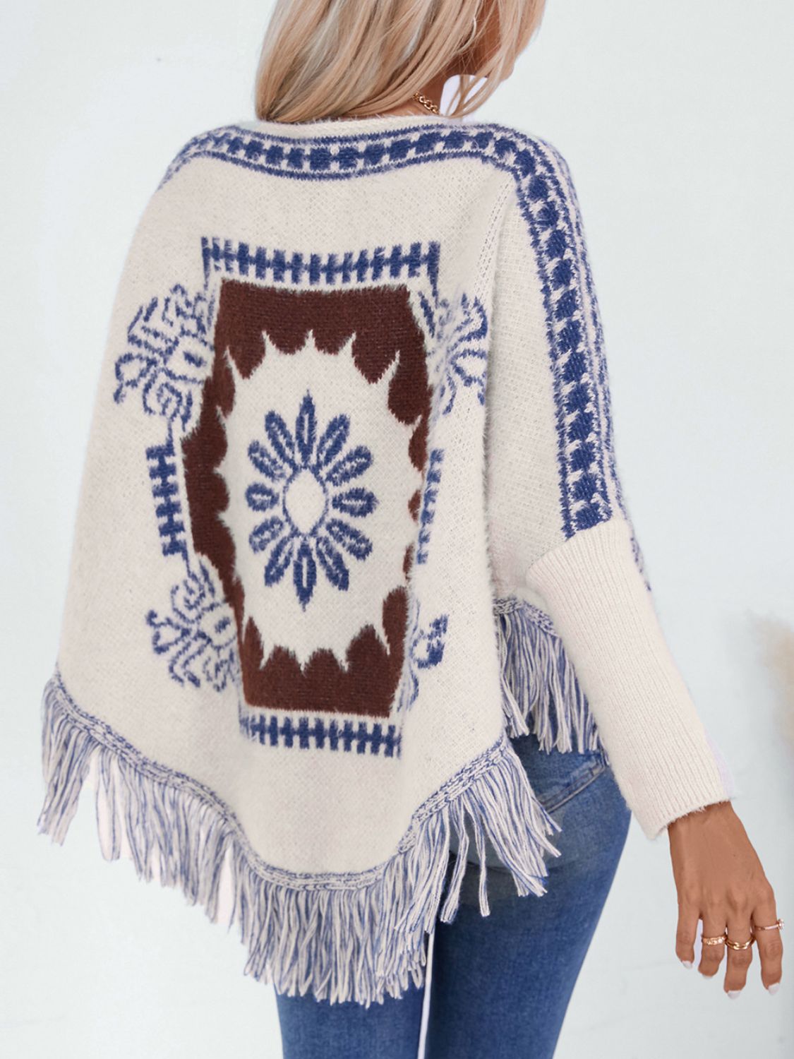 Fringe Geometric Long Sleeve Poncho-TOPS / DRESSES-[Adult]-[Female]-2022 Online Blue Zone Planet