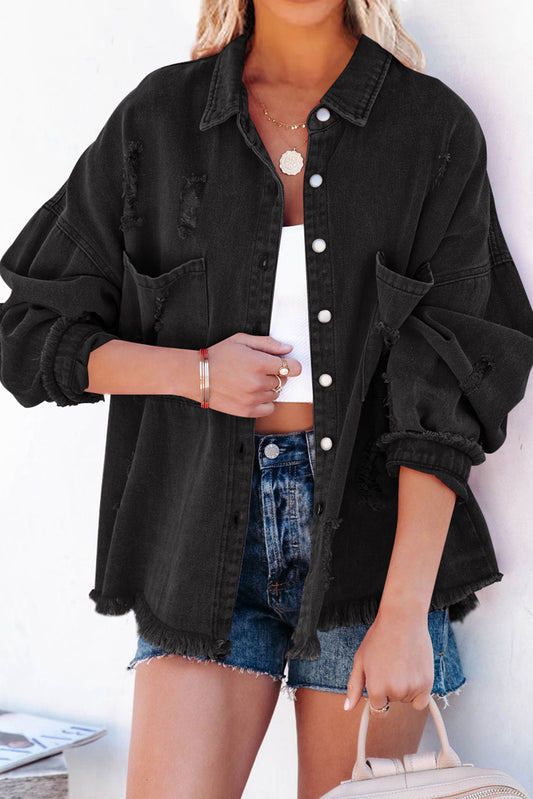 Black Distressed Fringe Trim Denim Jacket-Outerwear/Denim jackets-[Adult]-[Female]-Black-S-2022 Online Blue Zone Planet