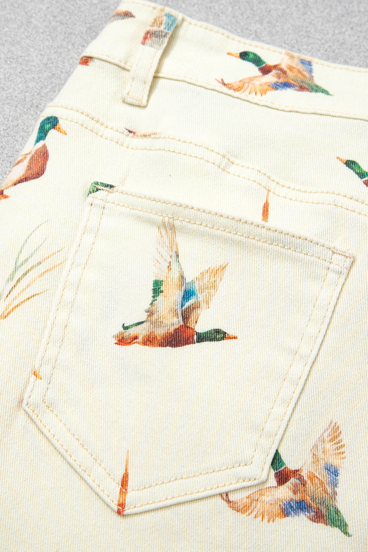 Beige Stylish Mallard Printed Cuffed Hem Shift Jeans-Bottoms/Jeans-[Adult]-[Female]-2022 Online Blue Zone Planet