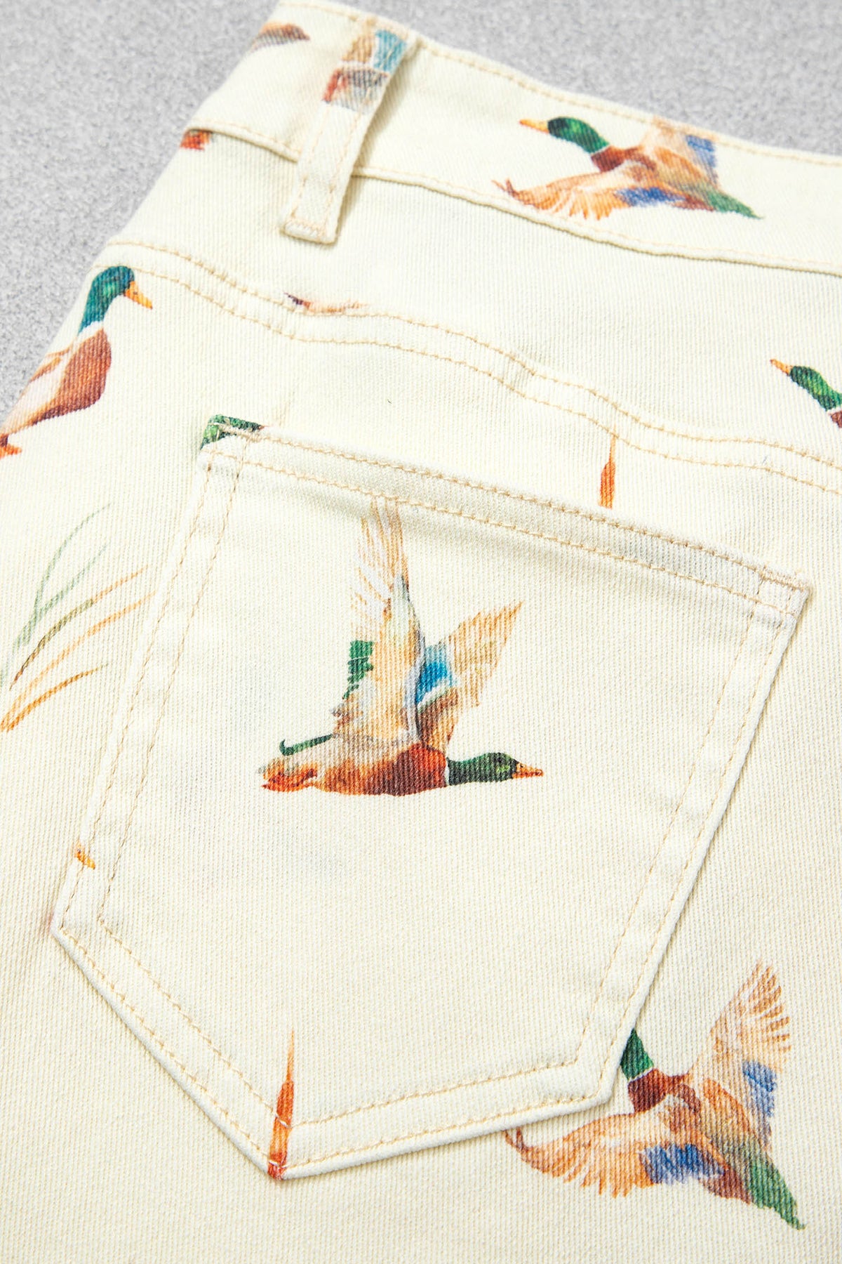 Beige Stylish Mallard Printed Cuffed Hem Shift Jeans-Bottoms/Jeans-[Adult]-[Female]-2022 Online Blue Zone Planet