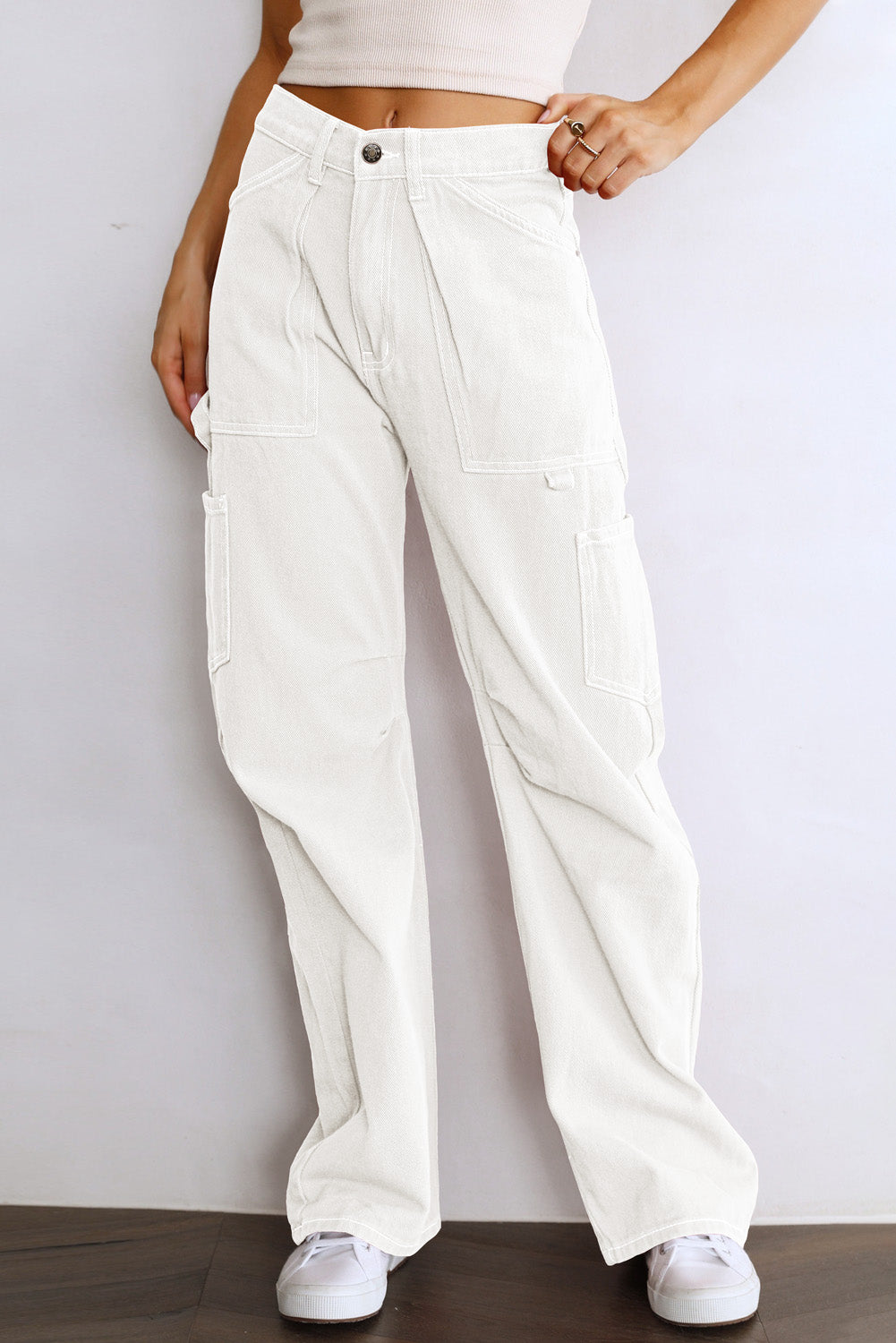 White High Waist Straight Leg Cargo Pants with Pockets-Bottoms/Pants & Culotte-[Adult]-[Female]-White-4-2022 Online Blue Zone Planet