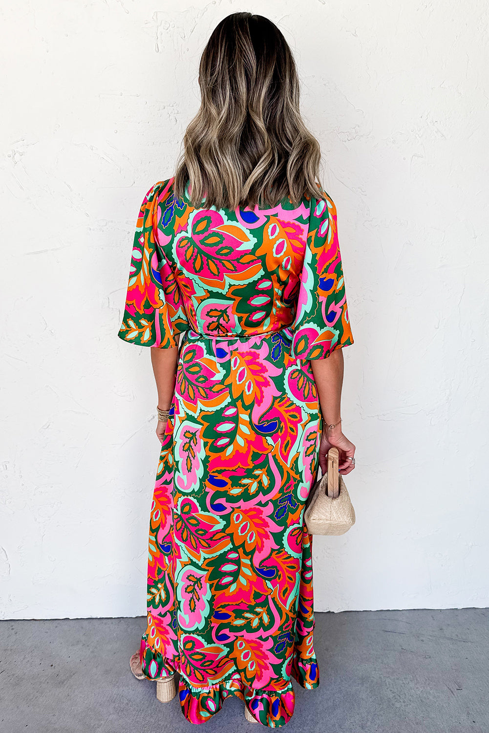 Rose Summer Plant Print Surpliced V Neck Ruffled Asymmetric Slit Wide Short Sleeve Maxi Dress-TOPS / DRESSES-[Adult]-[Female]-2022 Online Blue Zone Planet