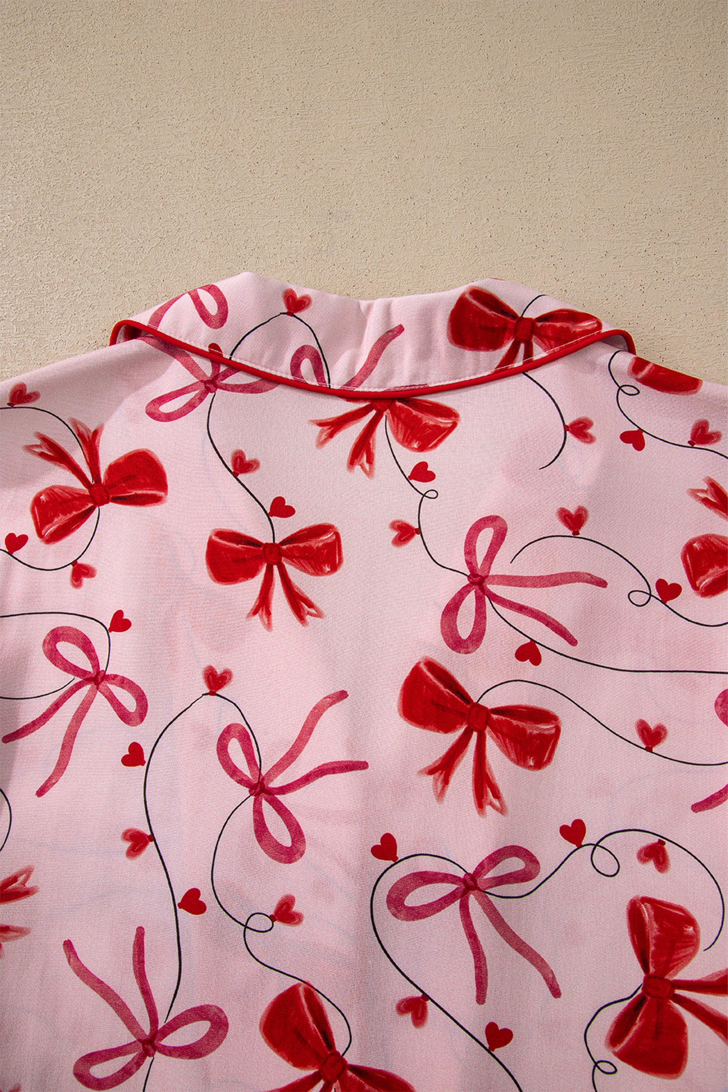 Red Bow Print Valentine Long Sleeve Shirt Shorts 2 Pcs Pajama Set-Loungewear & Sleepwear/Sleepwear-[Adult]-[Female]-2022 Online Blue Zone Planet