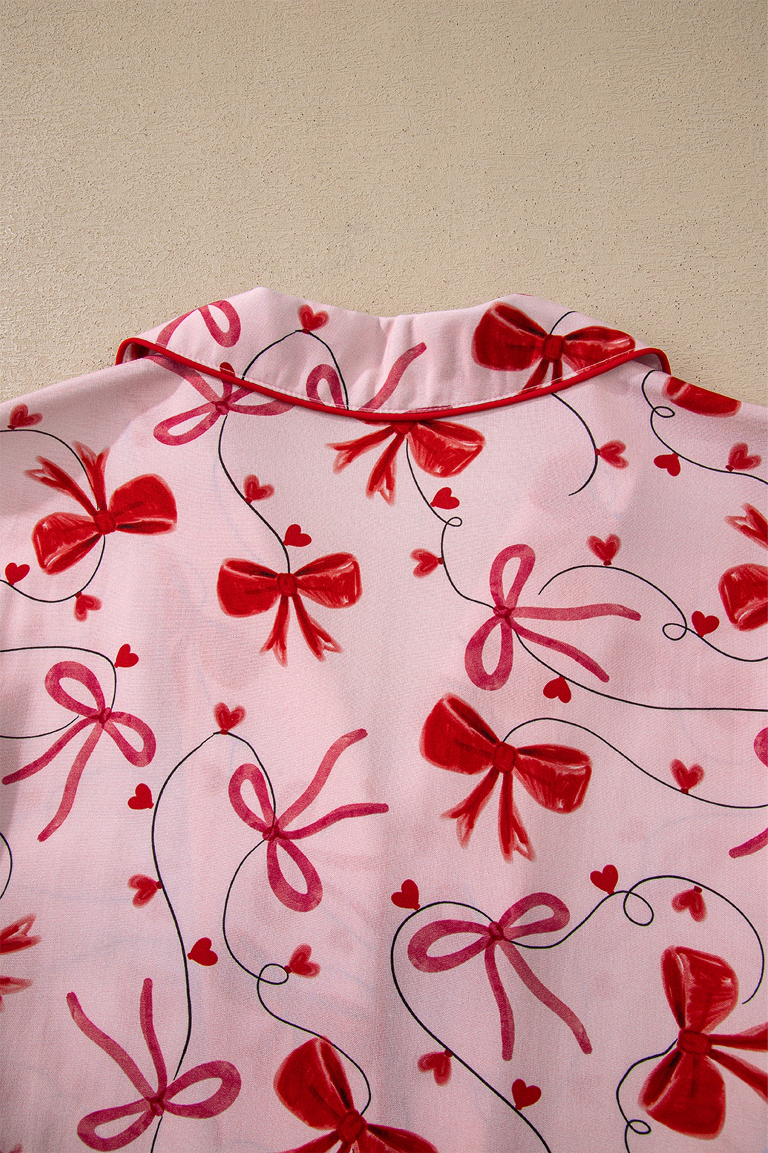 Red Bow Print Valentine Long Sleeve Shirt Shorts 2 Pcs Pajama Set-Loungewear & Sleepwear/Sleepwear-[Adult]-[Female]-2022 Online Blue Zone Planet