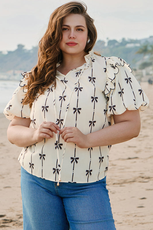 Apricot Bow Printed Ruffled Bubble Sleeve Lace-up Notched Neck Plus Size Blouse-Plus Size/Plus Size Tops/Plus Size Blouses & Shirts-[Adult]-[Female]-2022 Online Blue Zone Planet