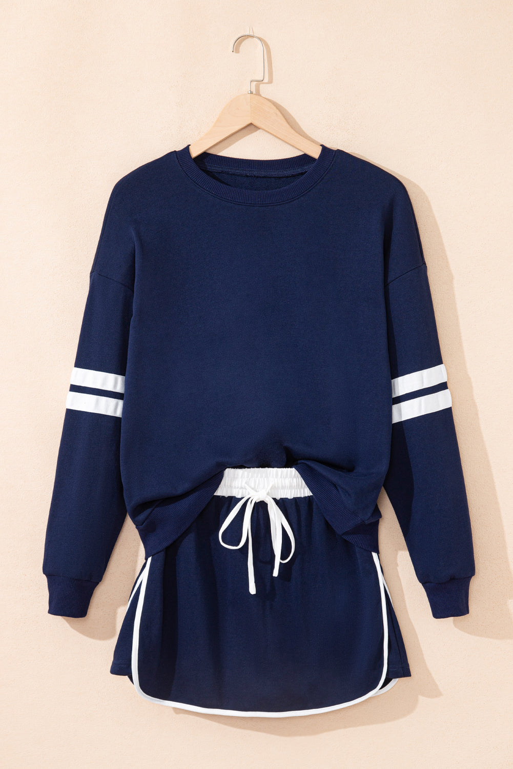 Navy Blue Varsity Stripe Detail Drop Shoulder Pullover Mini Skirt Set-Two Piece Sets/Two Piece Dresses-[Adult]-[Female]-2022 Online Blue Zone Planet