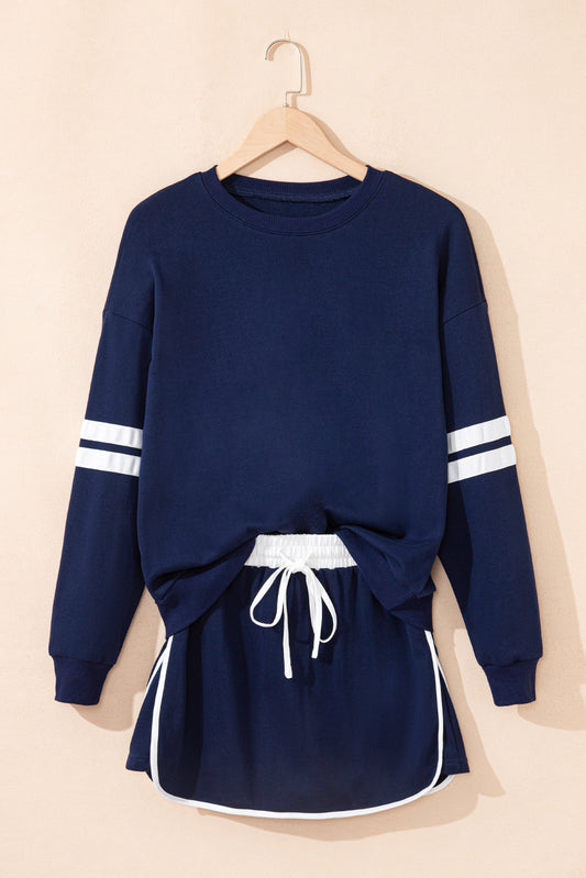 Navy Blue Varsity Stripe Detail Drop Shoulder Pullover Mini Skirt Set-Two Piece Sets/Two Piece Dresses-[Adult]-[Female]-2022 Online Blue Zone Planet