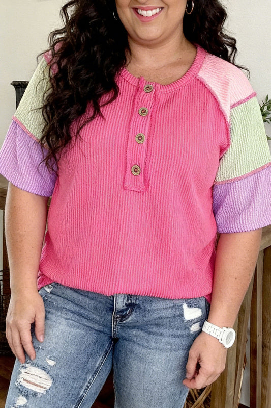 Bright Pink Plus Size Twisted Rib Color Block Patchwork Short Sleeve Henley Top-Plus Size/Plus Size Tops/Plus Size Tops & Tees-[Adult]-[Female]-Bright Pink-1X-2022 Online Blue Zone Planet