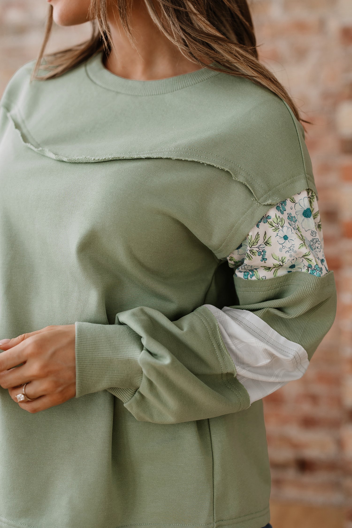 Laurel Green Floral Plaid Mixed Sleeve Raw Edge Relaxed French Terry Top-Tops/Long Sleeve Tops-[Adult]-[Female]-2022 Online Blue Zone Planet