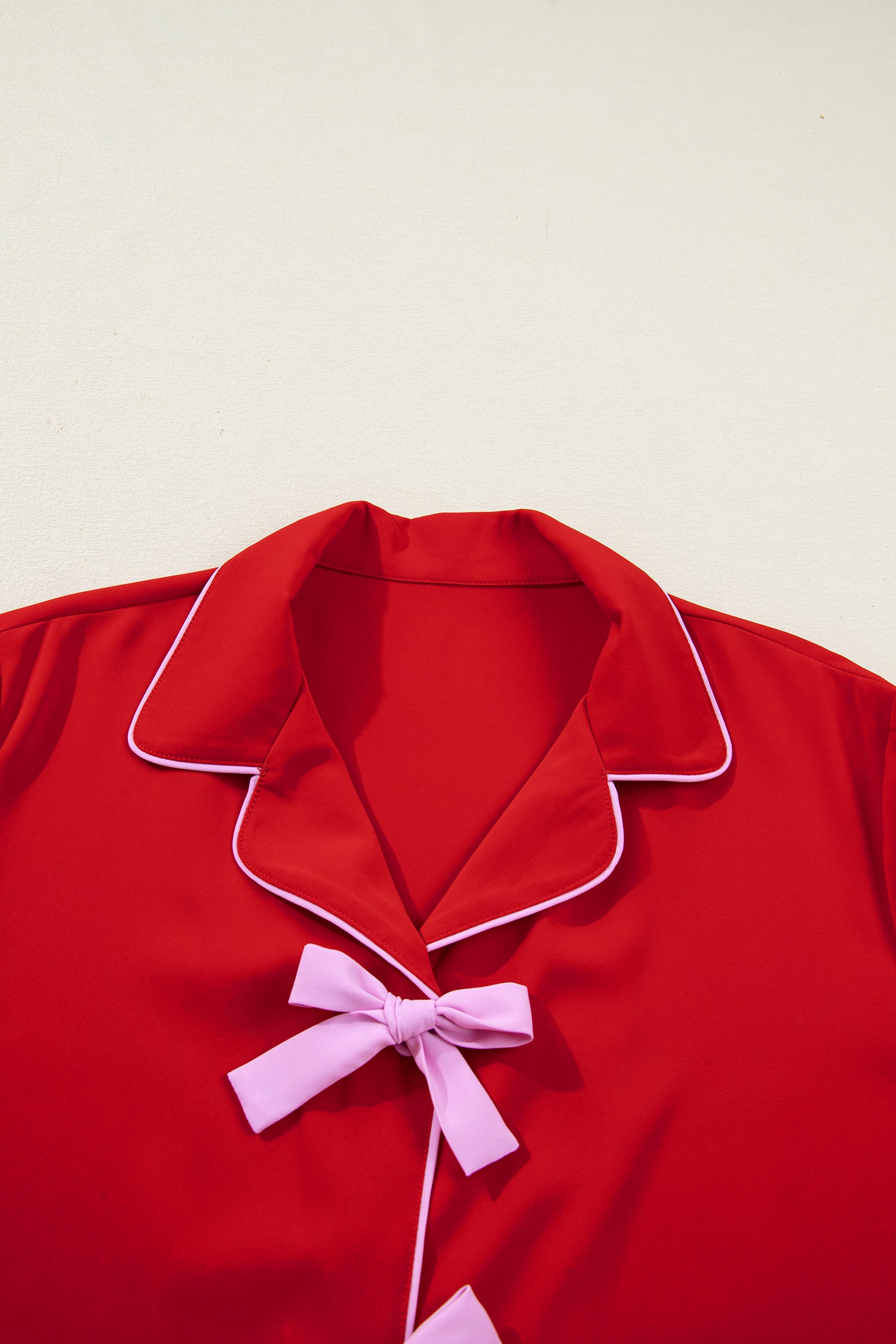 Fiery Red Contrast Trim Ribbon Bow Short Silky 2pcs Pajama Set-Loungewear & Sleepwear/Sleepwear-[Adult]-[Female]-2022 Online Blue Zone Planet