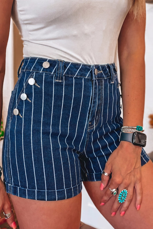 Blue Stripe Metal Button Detail Womens Denim Shorts-Bottoms/Denim Shorts-[Adult]-[Female]-Blue Stripe-4-2022 Online Blue Zone Planet
