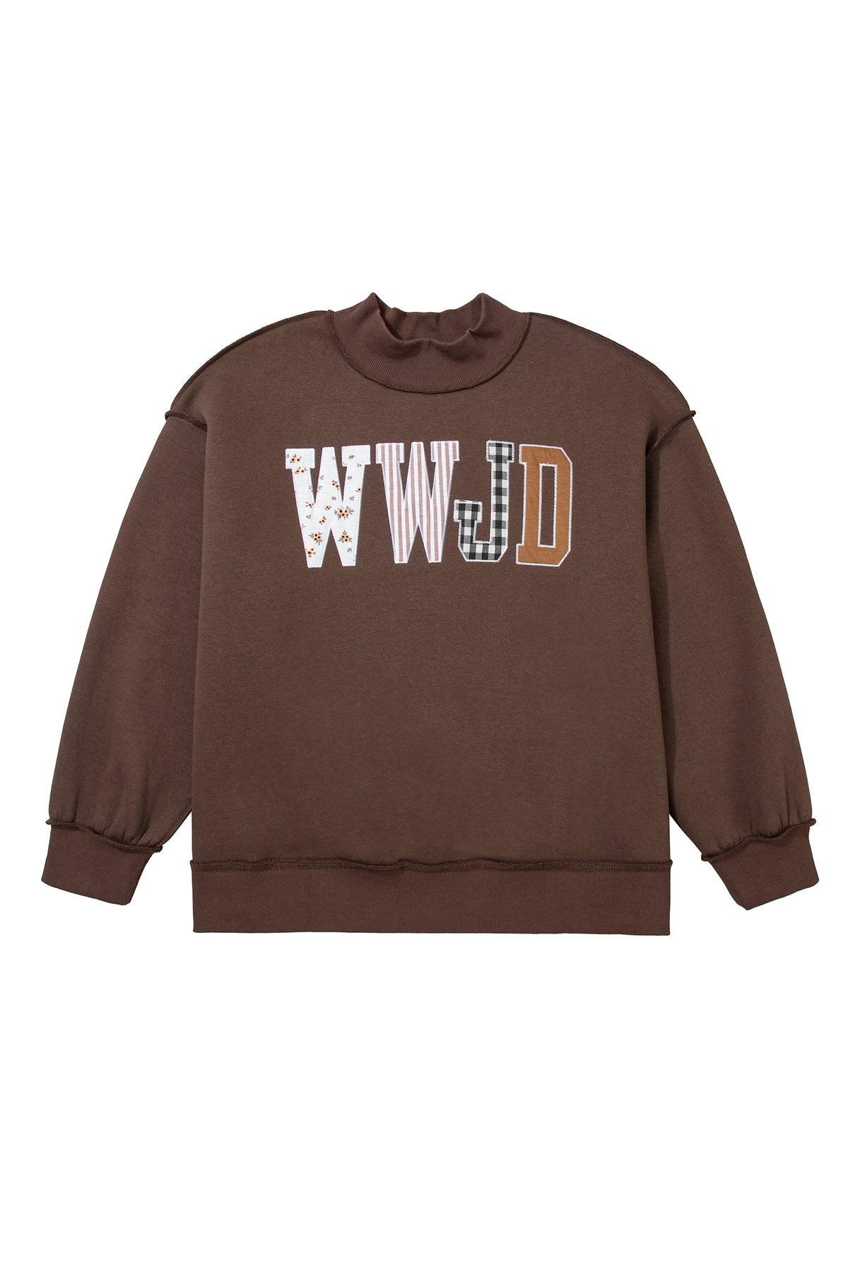 Coffee WWJD Mix Pattern Letter Graphic Exposed Seam Loose Plus Size Sweatshirt-Plus Size/Plus Size Sweatshirts & Hoodies-[Adult]-[Female]-2022 Online Blue Zone Planet