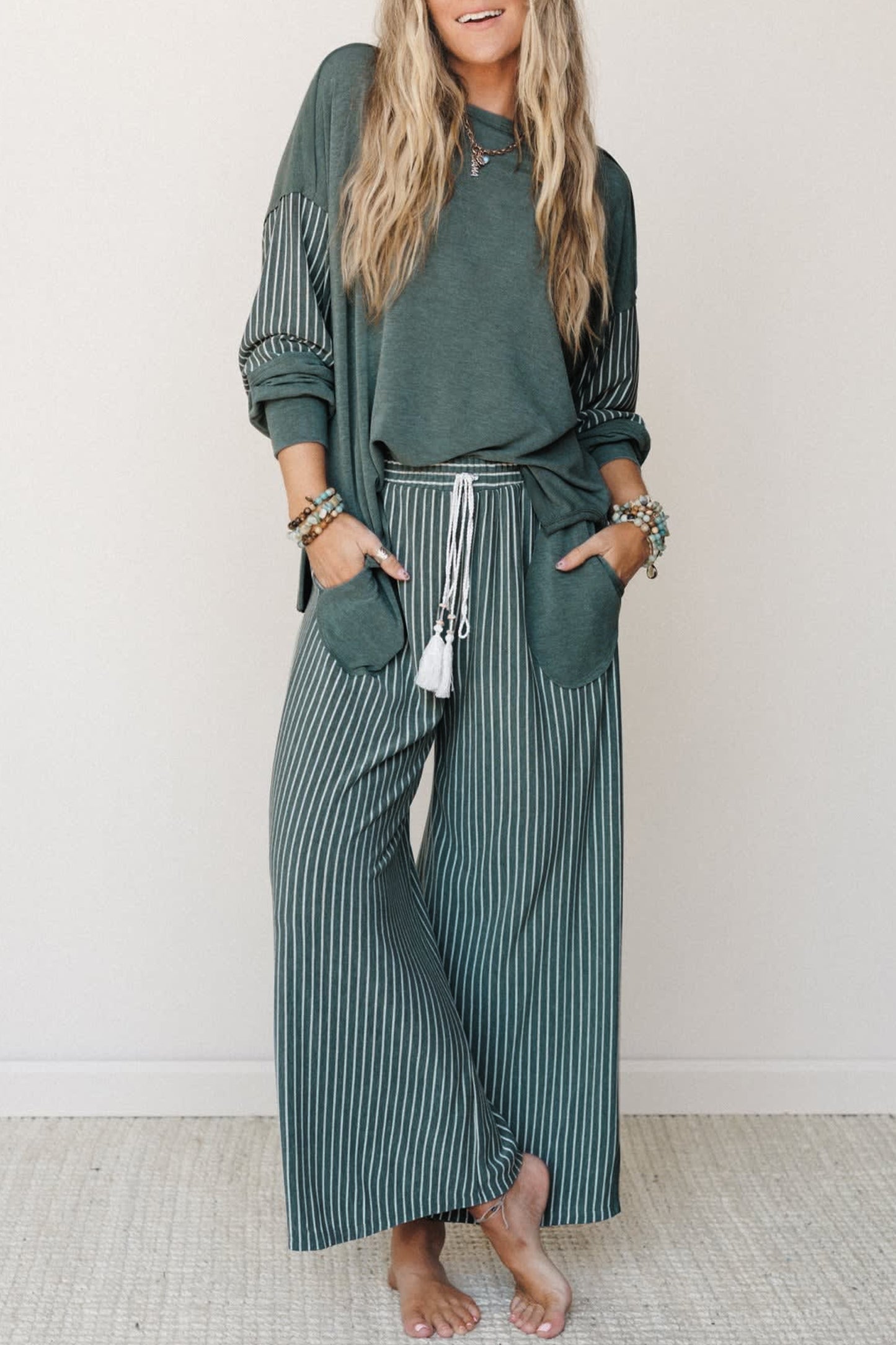 Fushia Raw Seam Patchwork Long Sleeve Top Pocket Casual Pants 2pcs Set-Two Piece Sets/Pant Sets-[Adult]-[Female]-Green Bay-S-2022 Online Blue Zone Planet