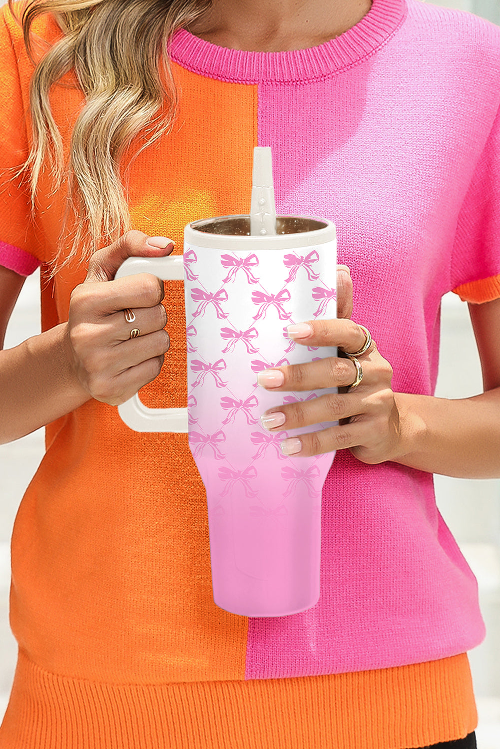 Pink Gradient Bow Print Tumbler Cup-Cups-[Adult]-[Female]-Pink-ONE SIZE-2022 Online Blue Zone Planet