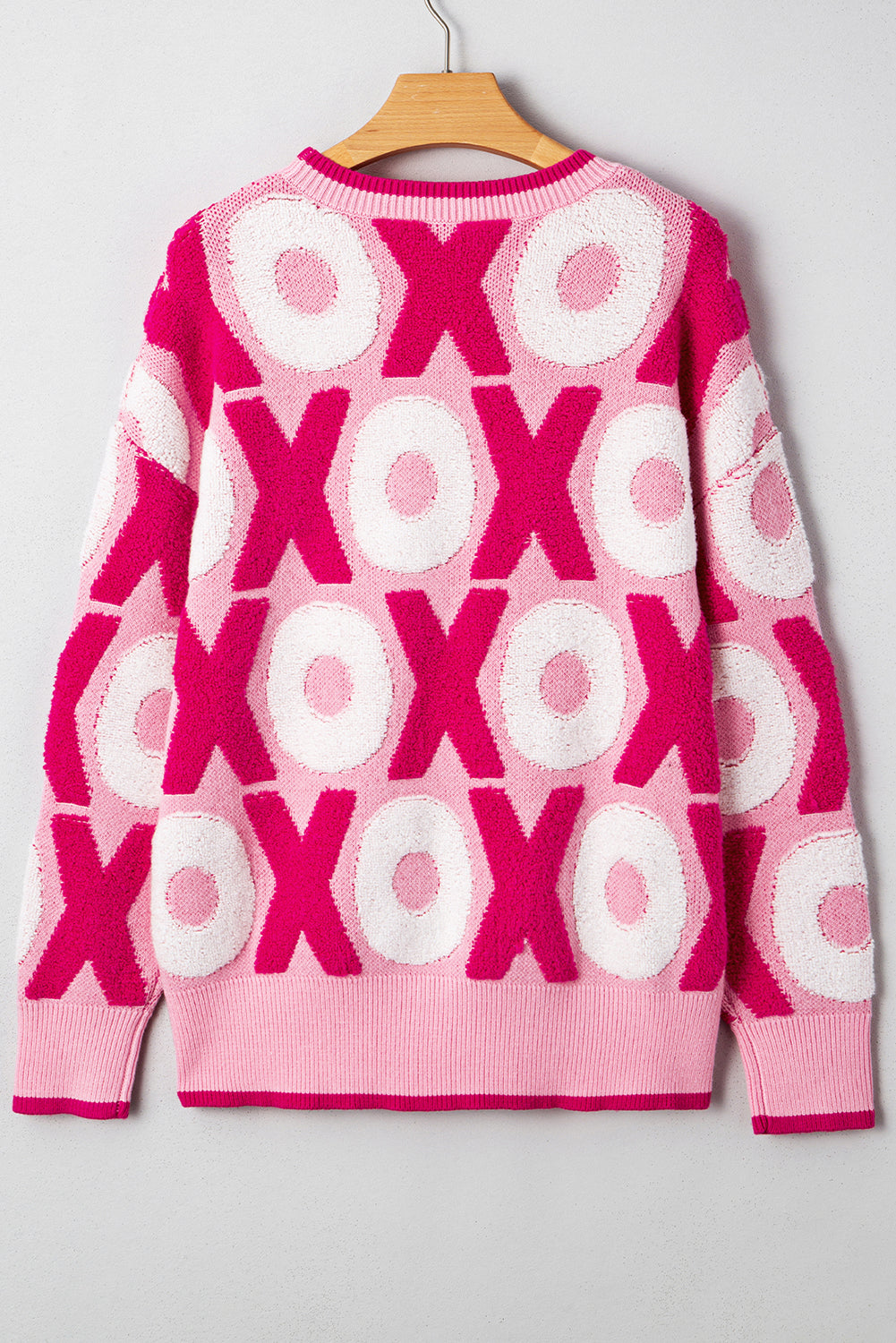 Pink XOXO Pattern Drop Shoulder Crewneck Valentines Sweater-Sweaters & Cardigans/Sweaters-[Adult]-[Female]-2022 Online Blue Zone Planet