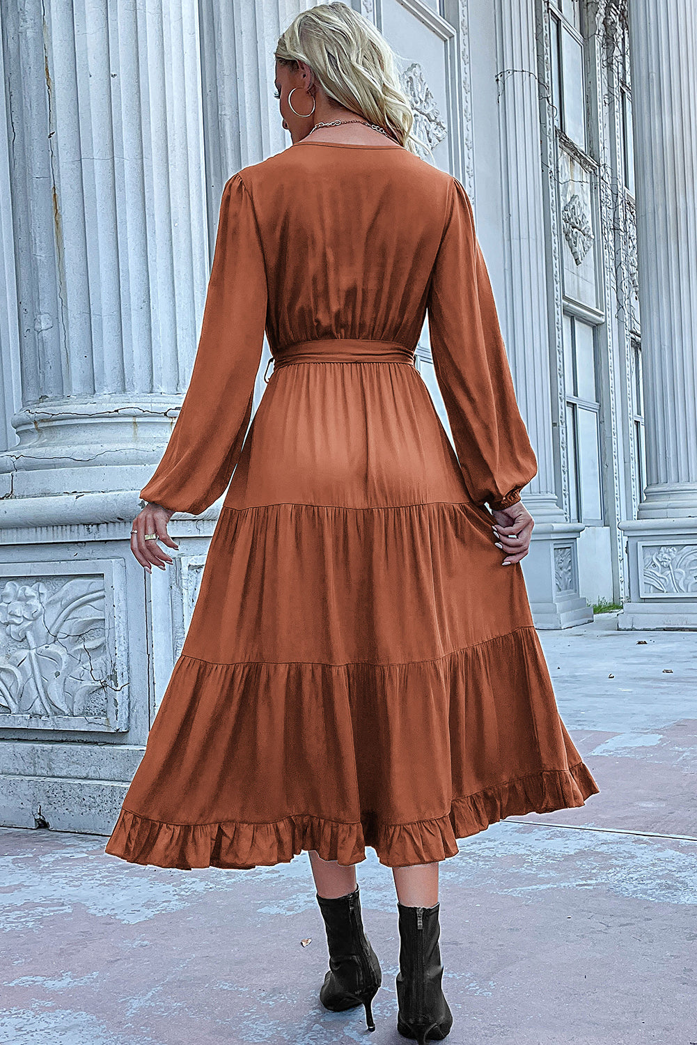 Cinnamon knot Lantern Sleeve Ruffled Hem Pleated Dress-Midi Dresses-[Adult]-[Female]-2022 Online Blue Zone Planet