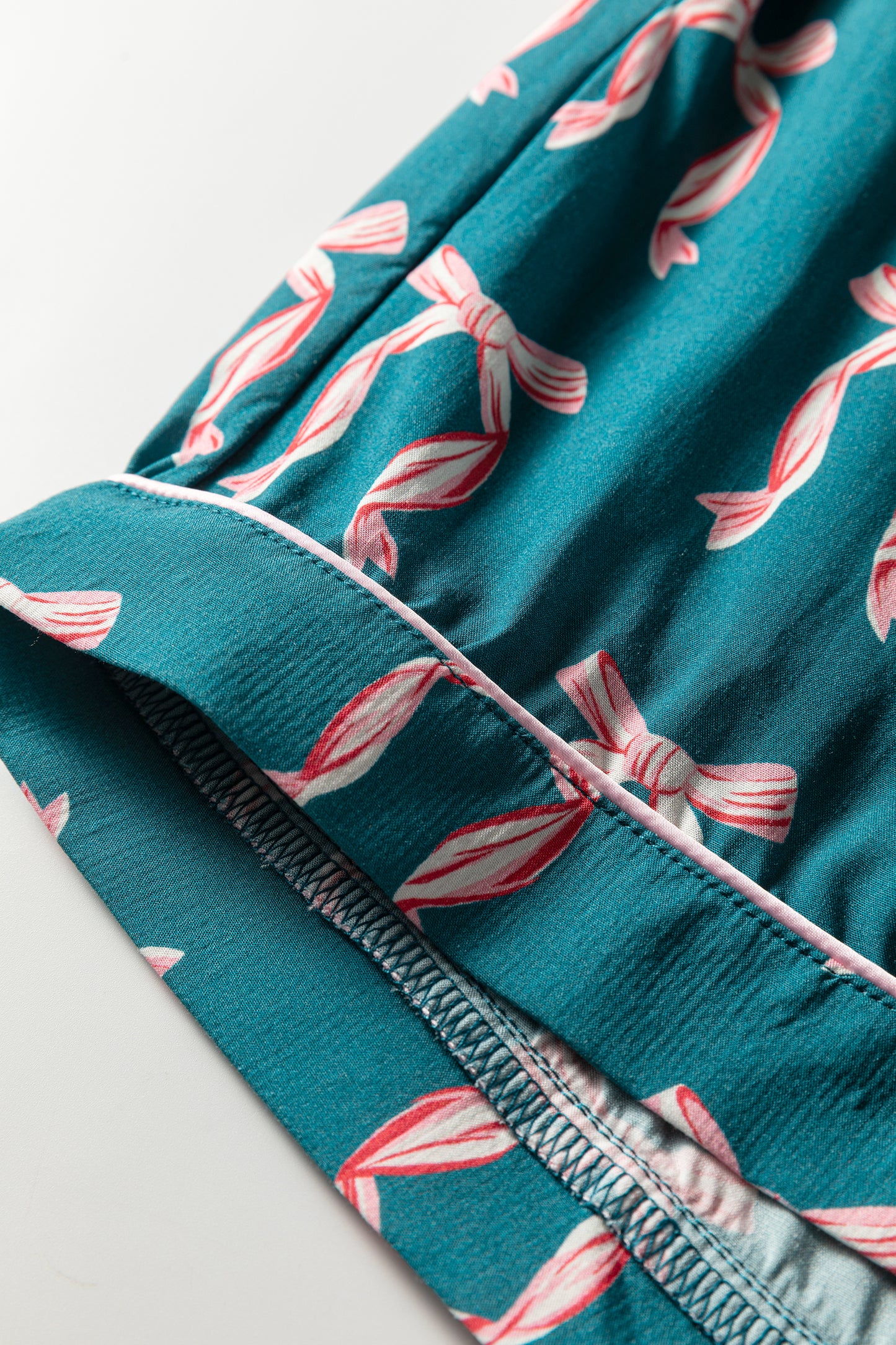 Green Ribbon Bow Print Silky Long Sleeve Shirt and Shorts 2pcs Pajama Set-Loungewear & Sleepwear/Sleepwear-[Adult]-[Female]-2022 Online Blue Zone Planet