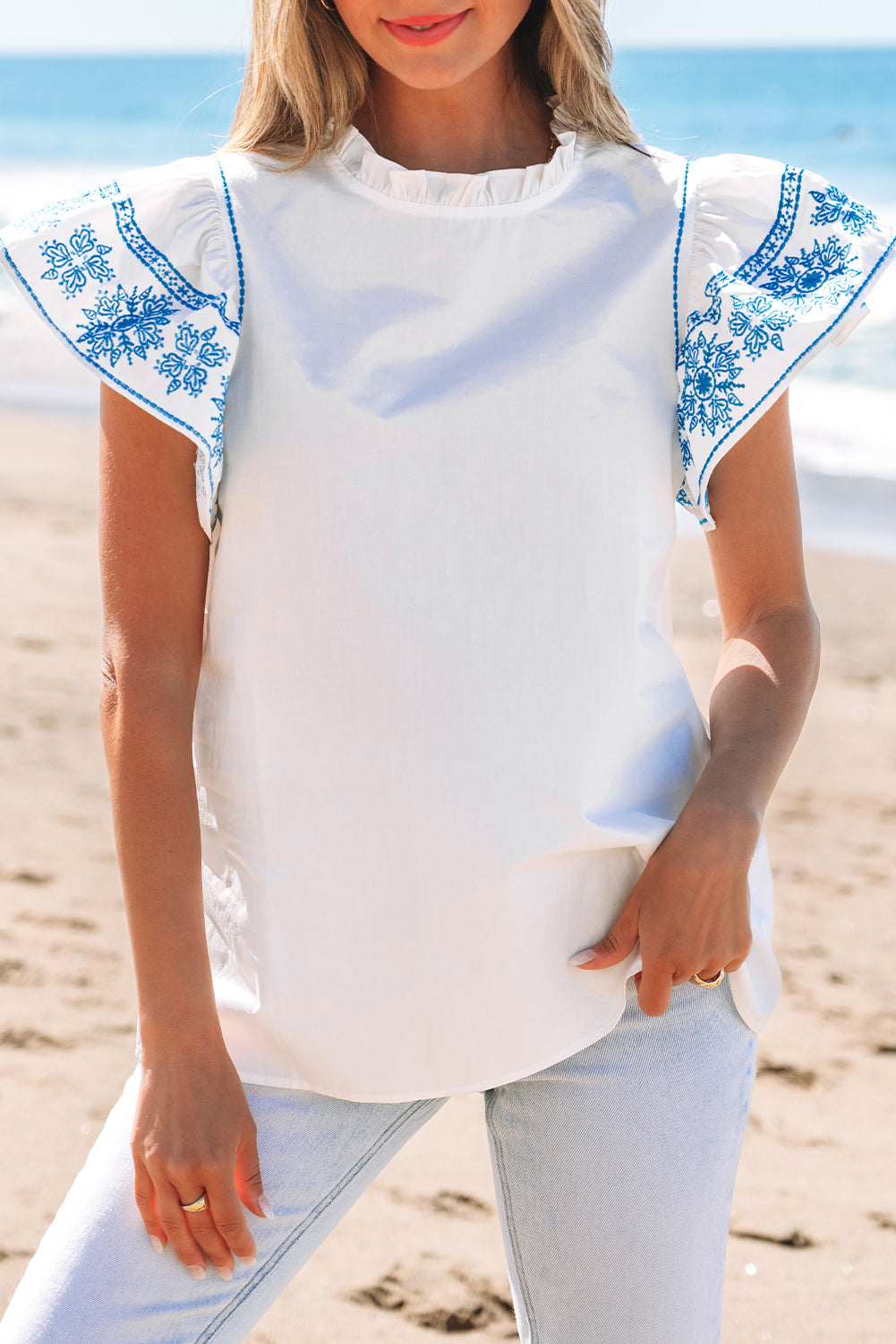 White Embroidered Ruffled Sleeve Frilled Collar Blouse-Tops/Blouses & Shirts-[Adult]-[Female]-2022 Online Blue Zone Planet