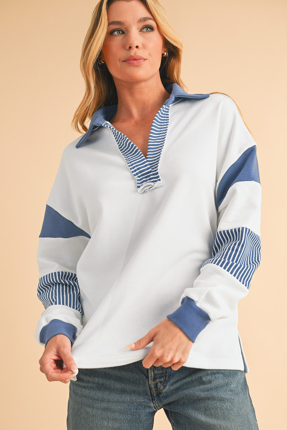 Sail Blue Striped Patchwork Collar Sweatshirt-Sweatshirts & Hoodies-[Adult]-[Female]-2022 Online Blue Zone Planet