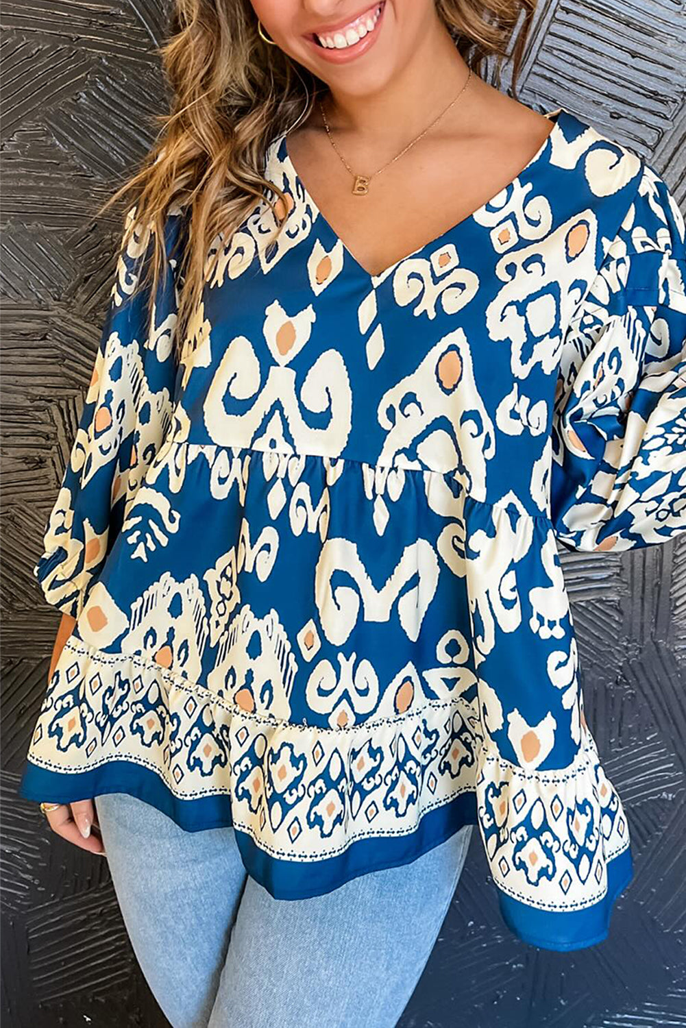 Blue Tribal Geometric Print 3/4 Sleeve Flowy Fit Blouse-Tops/Blouses & Shirts-[Adult]-[Female]-Blue-S-2022 Online Blue Zone Planet