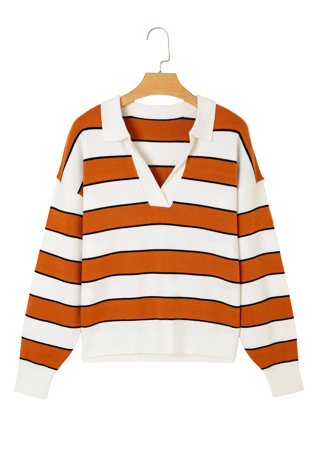 Brown Stripe Ribbed Polo Collar Drop Shoulder Sweater-Sweaters & Cardigans/Sweaters-[Adult]-[Female]-2022 Online Blue Zone Planet