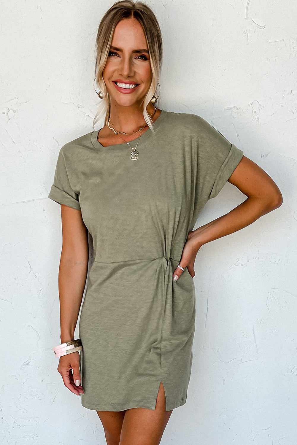 Laurel Green Folded Sleeve Twisted Mini T-Shirt Dress Blue Zone Planet