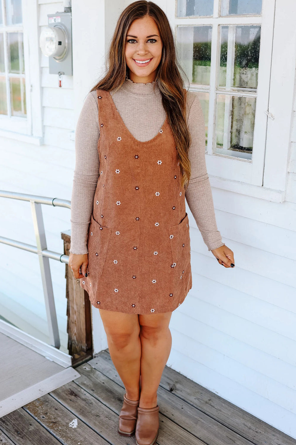 Gold Flame Flower Embroidered Corduroy Overall Mini Dress-Dresses/Mini Dresses-[Adult]-[Female]-2022 Online Blue Zone Planet