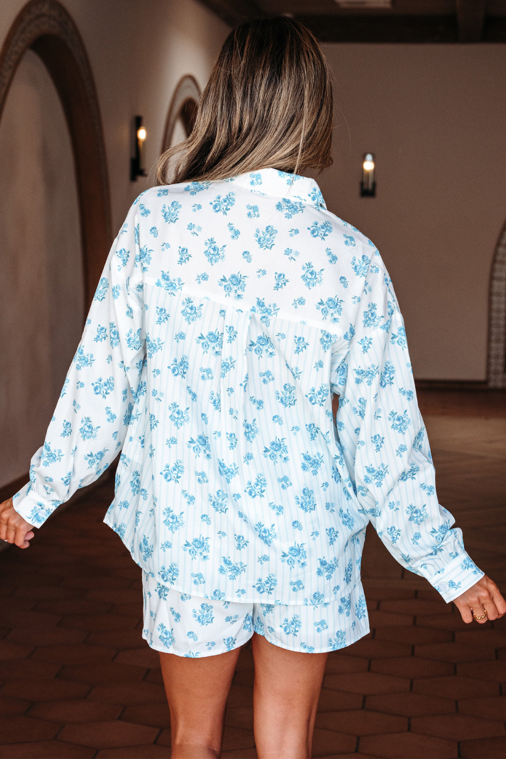 Sky Blue Floral Striped Print Contrast Patched Pocket Shirt and Shorts Set-Two Piece Sets/Short Sets-[Adult]-[Female]-2022 Online Blue Zone Planet