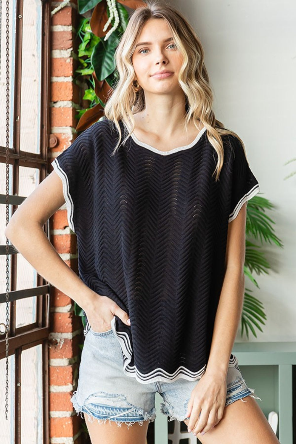 Blue Zone Planet | First Love Full Size Contrast Wavy Crochet Drop Shoulder Knit Top-TOPS / DRESSES-[Adult]-[Female]-Black-S-2022 Online Blue Zone Planet