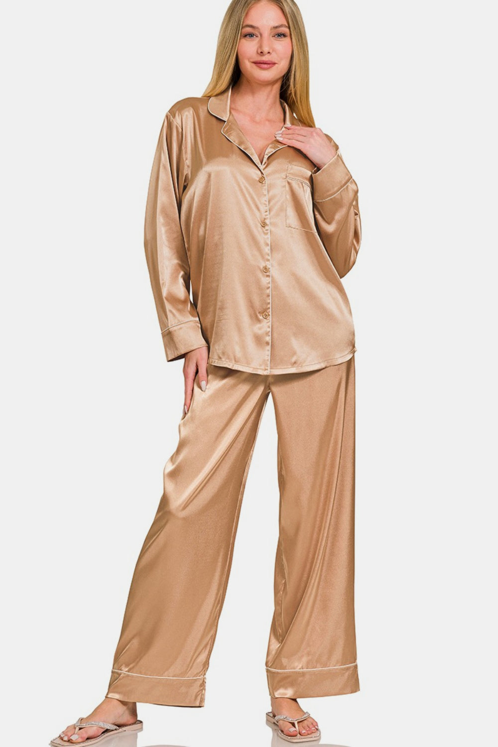 Zenana Satin Long Sleeve Shirt and Pants Pajama Set-TOPS / DRESSES-[Adult]-[Female]-Brush-S-2022 Online Blue Zone Planet