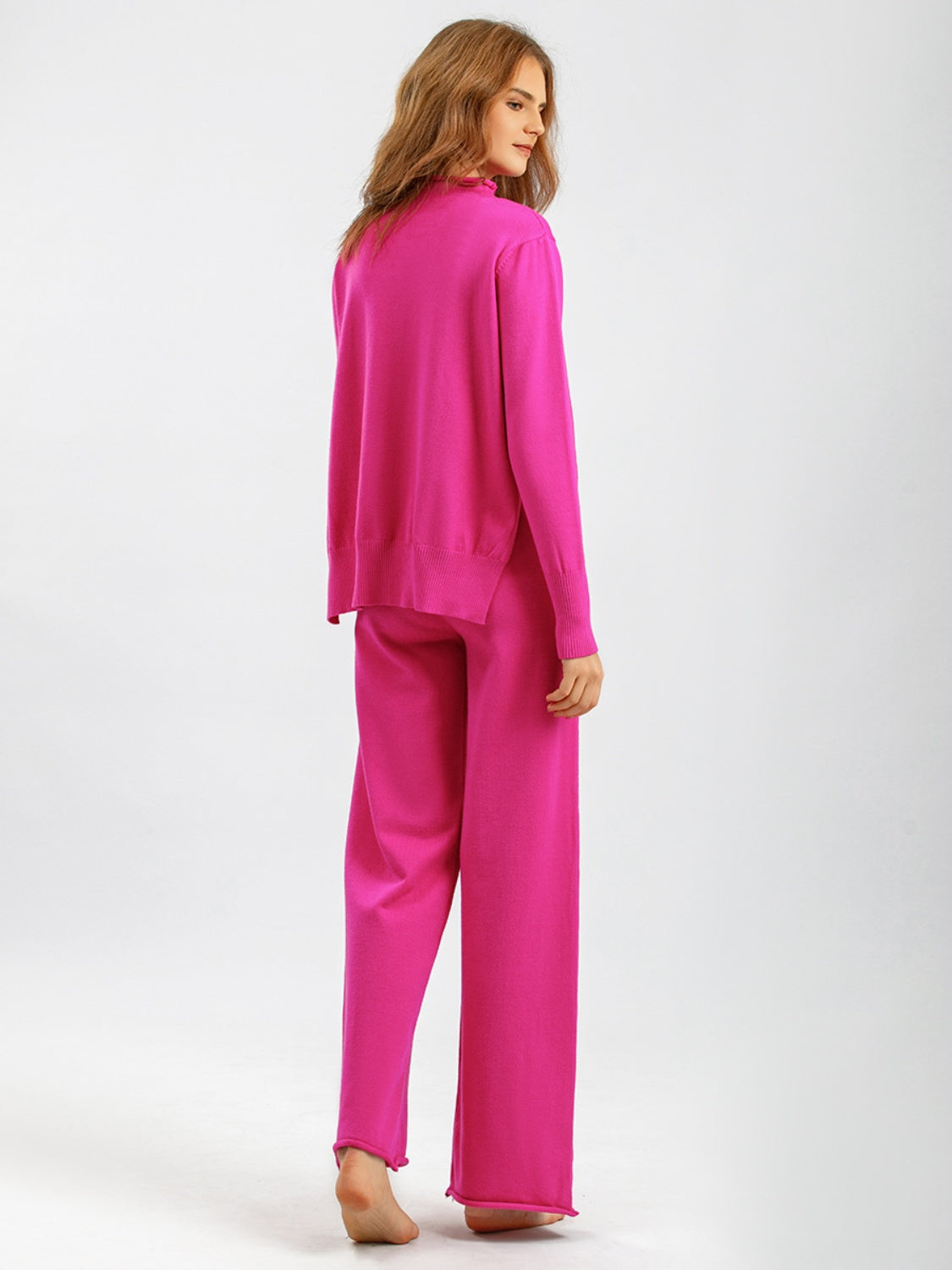 Blue Zone Planet | Basic Bae Mock Neck Long Sleeve Top and Pants Sweater Set-TOPS / DRESSES-[Adult]-[Female]-Hot Pink-One Size-2022 Online Blue Zone Planet