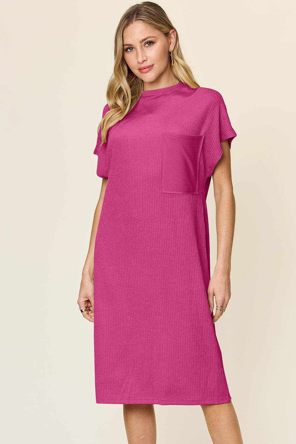 Double Take Full Size Texture Mock Neck Short Sleeve Dress-TOPS / DRESSES-[Adult]-[Female]-Hot Pink-S-2022 Online Blue Zone Planet