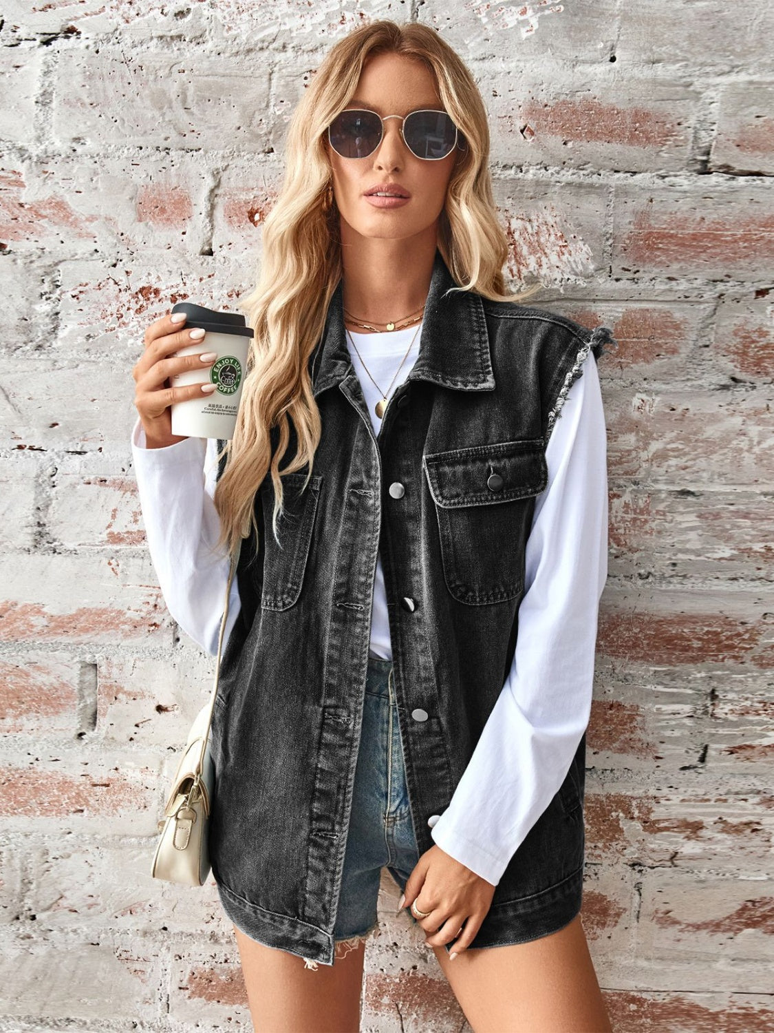 Raw Hem Sleeveless Button Up Denim Jacket-TOPS / DRESSES-[Adult]-[Female]-Black-S-2022 Online Blue Zone Planet