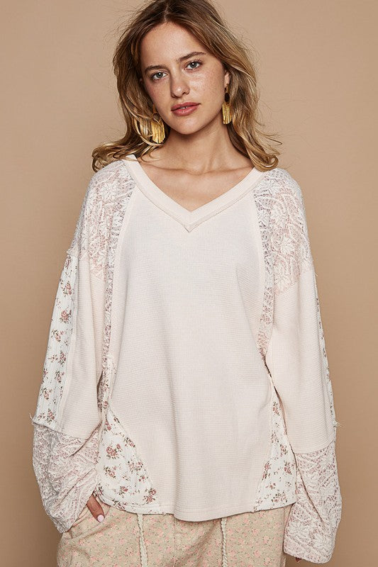 POL Lace Floral Round Neck Knit Top-TOPS / DRESSES-[Adult]-[Female]-Eggshell-S-2022 Online Blue Zone Planet