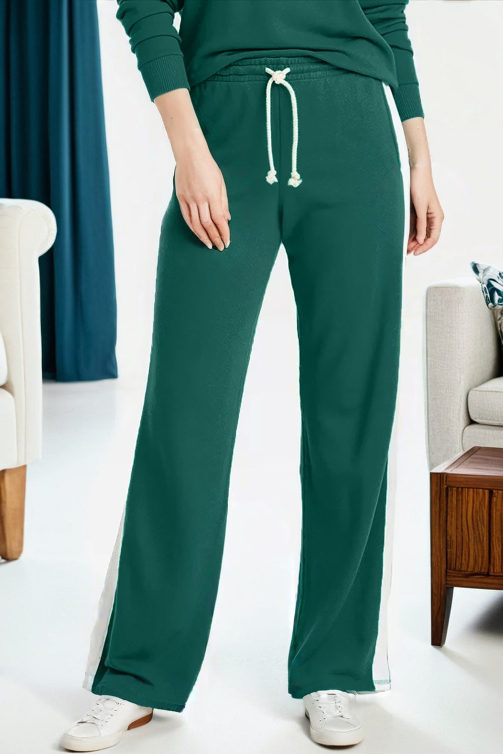 Sea Green Solid Color Pullover Top Varsity Stripe Detail Loose Drawstring Pants Set-Two Piece Sets/Pant Sets-[Adult]-[Female]-2022 Online Blue Zone Planet