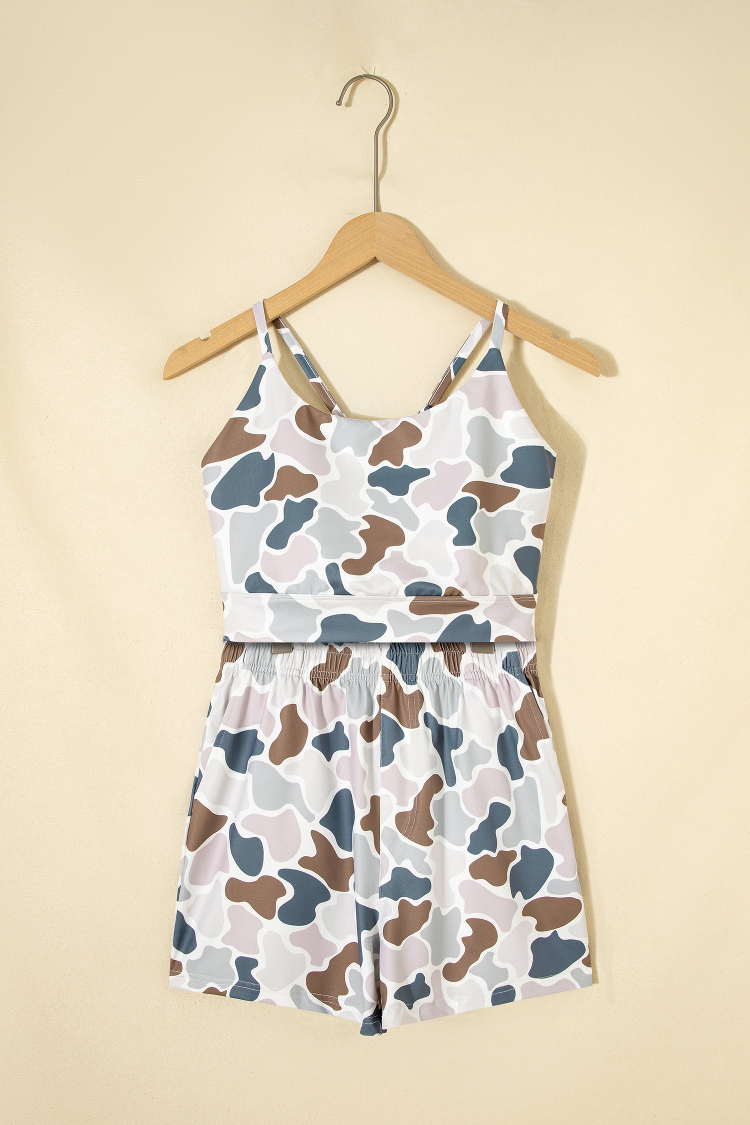 Multicolour Camouflage Printed Cropped Tank Athleisure 2pcs Short Set-Two Piece Sets/Short Sets-[Adult]-[Female]-2022 Online Blue Zone Planet