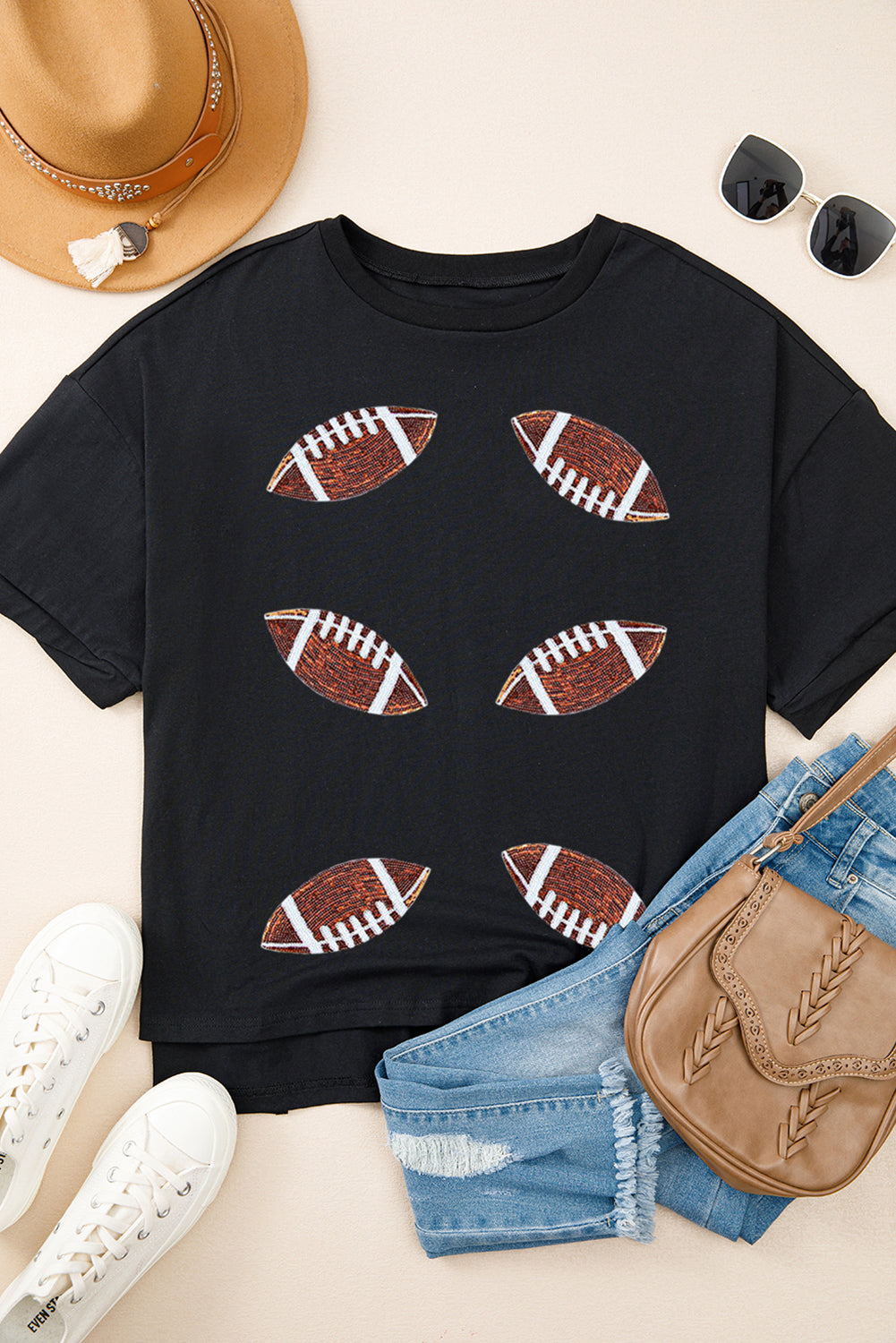 Black Sequin Rugby Football Patched Crewneck Loose T Shirt-Graphic/Graphic Tees-[Adult]-[Female]-2022 Online Blue Zone Planet