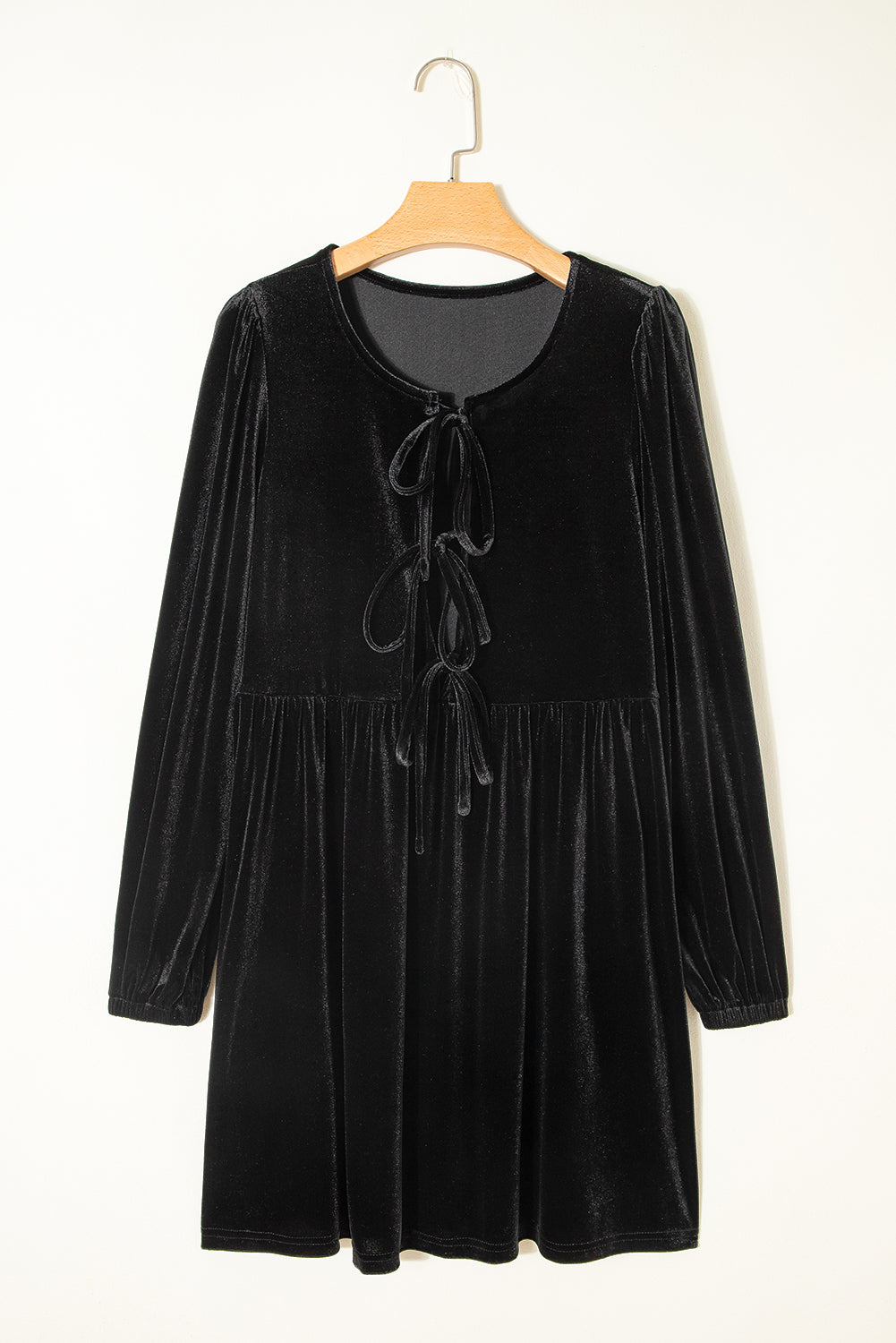 Black Front Tie Velvet Bubble Sleeve Mini Dress-TOPS / DRESSES-[Adult]-[Female]-2022 Online Blue Zone Planet