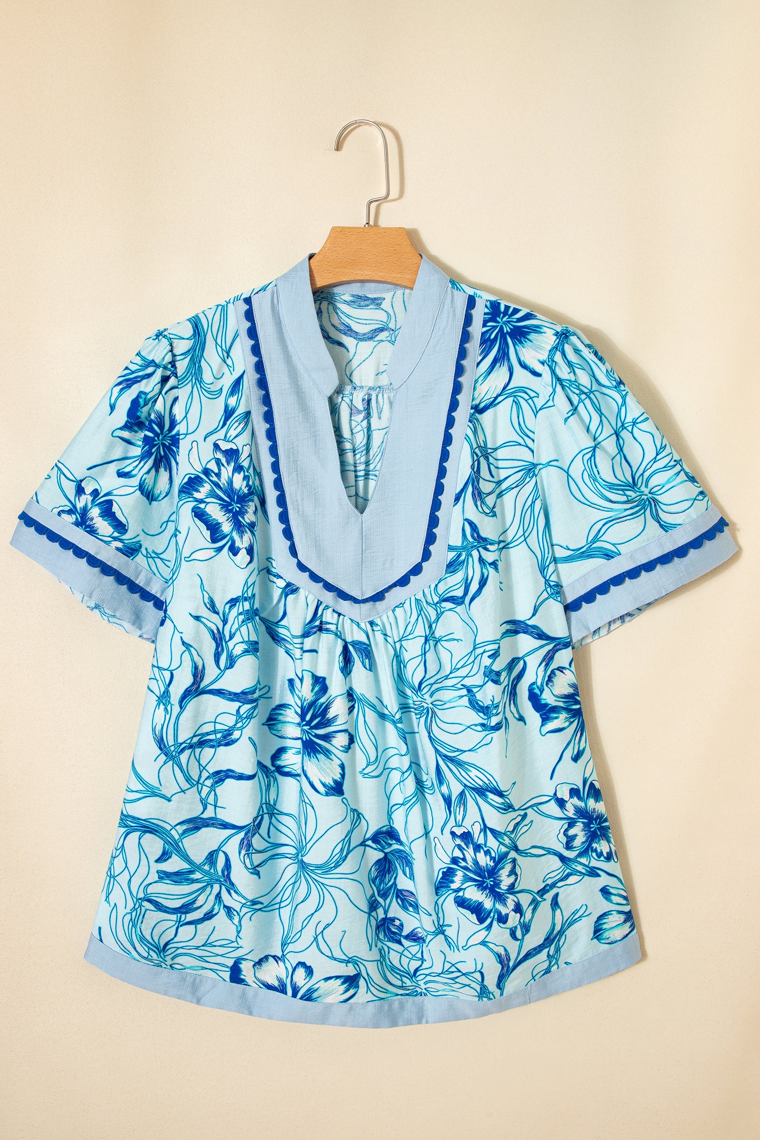 Sky Blue Plus Size Scalloped Trim Floral Short Sleeve Blouse-Plus Size/Plus Size Tops/Plus Size Blouses & Shirts-[Adult]-[Female]-2022 Online Blue Zone Planet