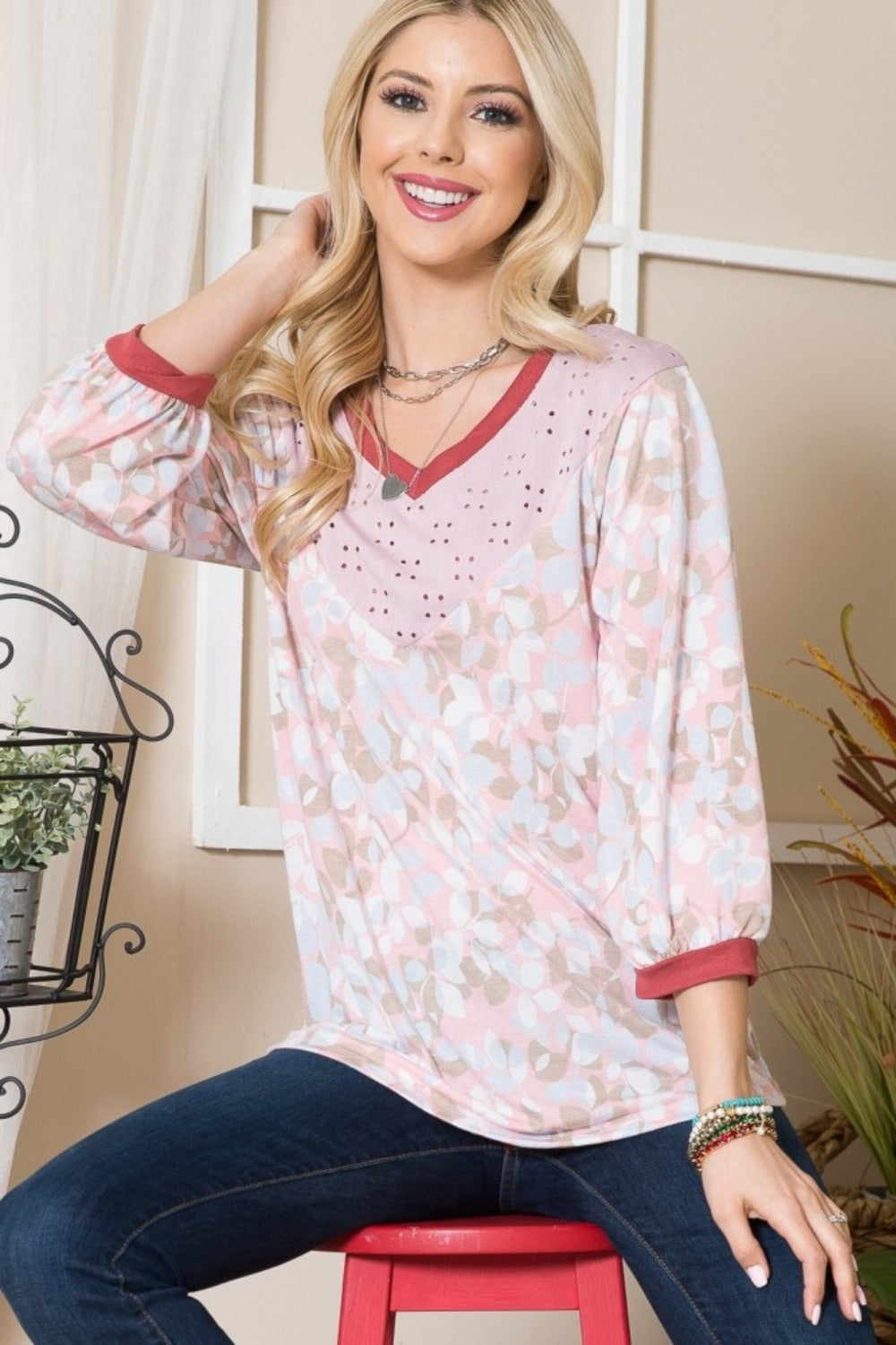 Celeste Full Size Leaf Print Contrast Trim Balloon Sleeve Top-TOPS / DRESSES-[Adult]-[Female]-Pink/Taupe-S-2022 Online Blue Zone Planet